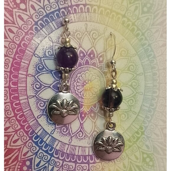 AMETHYST STONE EARRINGS, SILVERY LOTUS DANGLE - Picture 6 of 7